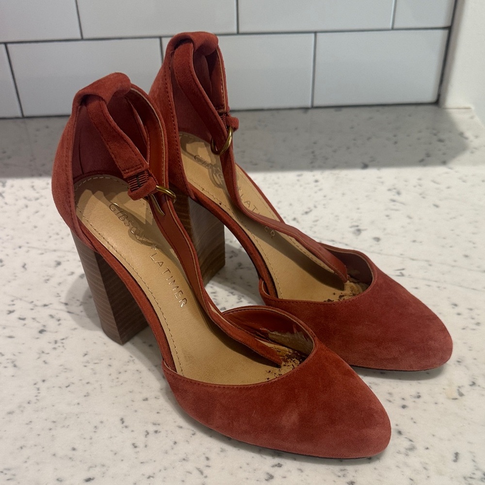 Gibson Latimer Rust Suede T-Strap Block Heels